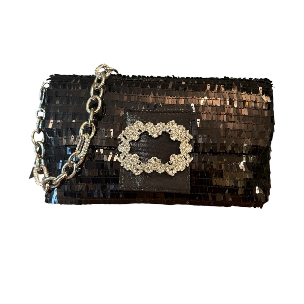 Elegant Black Sequin‎ Clutch with Silver Chain